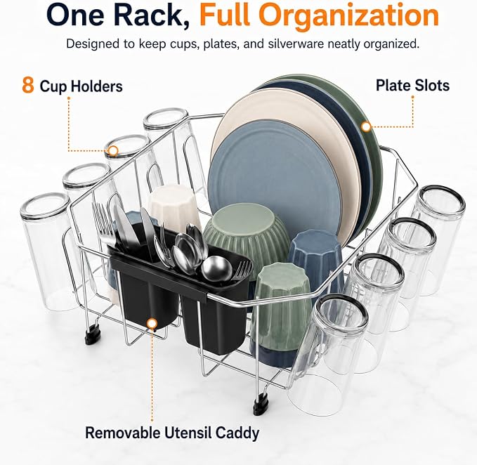 Yelocota in-Sink Dish Drying Rack:Premium Rust Resistant Stainless Steel Dish Drainer with Removable Utensil Holder & Cup Hooks,Space Saving Dish Drainers for Kitchen Sink,RVs,Apartments