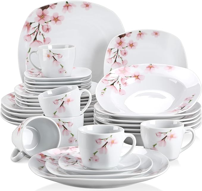 VEWEET 30 PCS Ceramic Dinnerware Sets for 6, Pink Floral Dish Set, ANNIE | Porcelain Dinner Set Including Dessert Plates, Soup Plates, Dinner Plates, Cups & Saucers, Microwave & Dishwasher Safe