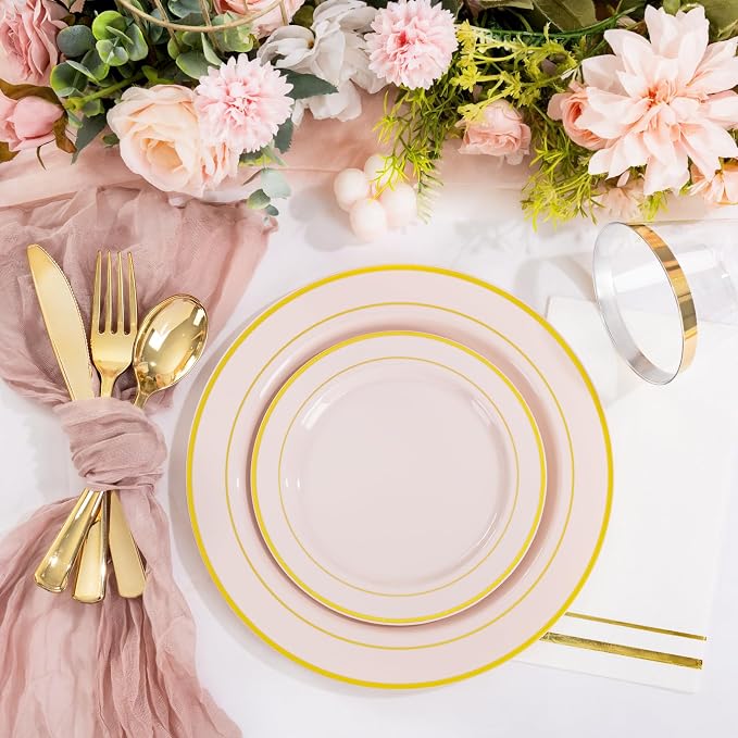 GATHER 350PCS Pink Plastic Plates with Gold Rim for Wedding Baby Shower | Pink Disposable Plastic Dinnerware Set include 100 Plates, 150 Silverware, 50 Napkins, 50 Cups for Party Birthday