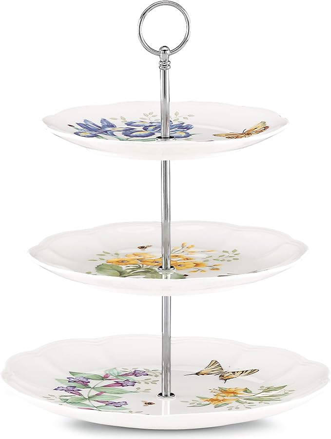 Lenox Butterfly Meadow Porcelain 3-Tier Serving Tray | dishwasher safe, microwave safe | 3-piece, for desserts, gift for women, cupcake stand and tray, cake stand item