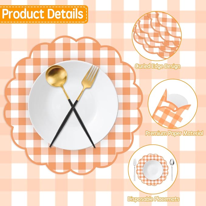 50 Pcs Fall Paper Placemats, 13.5 Inch Orange Gingham Paper Placemats Fall Scalloped Placemat for Autumn Thanksgiving Home Wedding Birthday