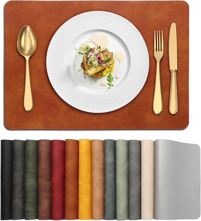 UnivoColors Placemats,Heat Resistant Placemats Set of 8 Washable 12 x 17 Inch,Waterproof Table Mats,Wipeable Pu Place Mats for Kitchen,Dining Room.Reddish Brown