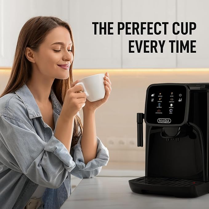 Zulay Kitchen Magia Clasica Automatic Espresso Machine with Built-In Grinder, Touch Panel Coffee Maker, Steam Wand Milk Frother, Adjustable Strength, Self-Cleaning, Black (13" x 17.7" x 9.4")