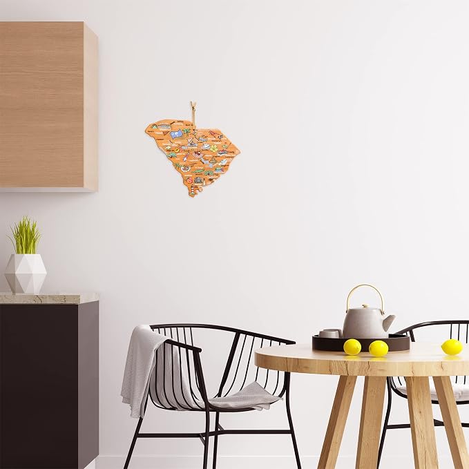 Totally Bamboo South Carolina State Shaped Cutting Board, Art by Fish Kiss | State charcuterie board with colorful hand-drawn map artwork. Smooth reverse side for food prep. Hang tie for wall display.