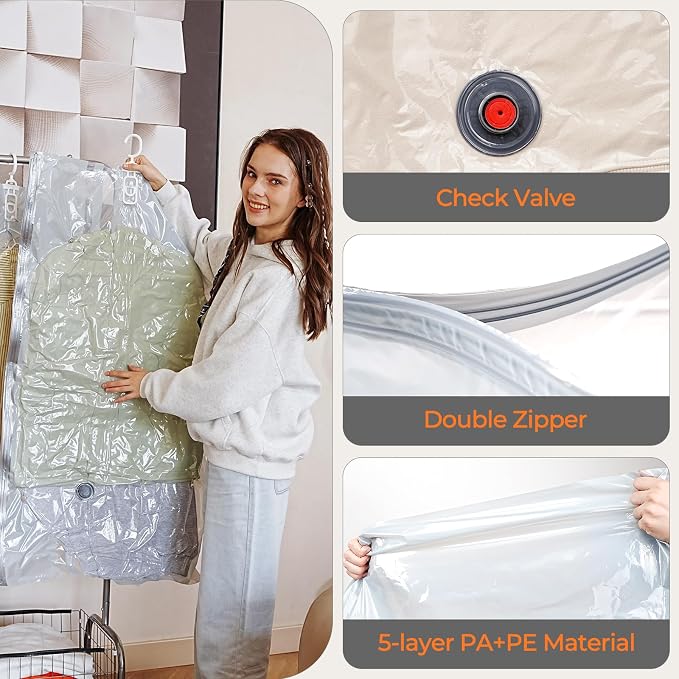 Vacbird Hanging Vacuum Storage Bags for Clothing 8 Pack Hanging Vacuum Seal Bags for Clothing Suit Bags Closet Storage, Hanging Plastic Clothes Cover for Coat, Dress, Fur, Shirt