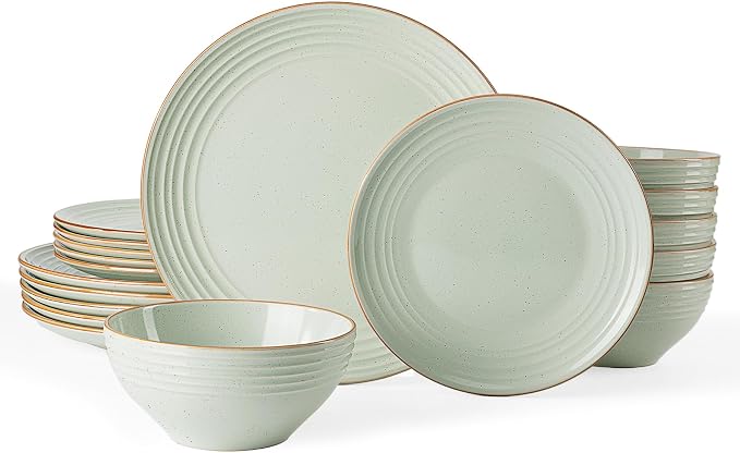Famiware Jupiter Stoneware Dinnerware Sets, 18-Piece Speckled Dishes for 6 | Ceramic Plates & Bowls with Rim, Chip & Scratch Resistant, Microwave & Dishwasher Safe, Everyday & Formal Use, Neutral Green