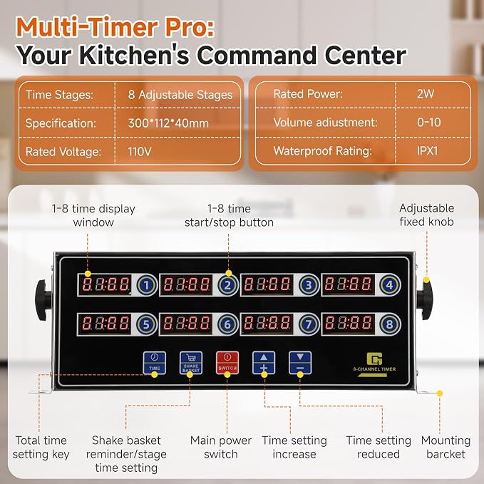 Commercial Kitchen Timer for Cooking, 8 Channel Timer Restaurant Kitchen Supplies, Heavy-Duty Timer - Stainless Steel | Digital LED Technology | Reminder Function | Loud Alarm