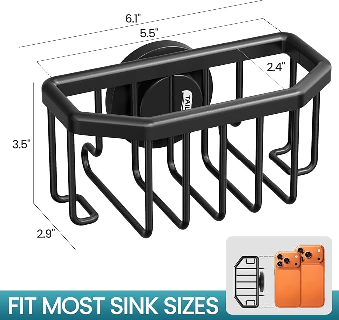 TAILI Sponge Holder for Kitchen Sink with Suction Cup-Black Aluminum | Rustproof Aluminum Sink Caddy for Sponges,Brushes,Stoppers & Scrapers,Removable Ventilated Quick-dry Design, holds Up 11lbs