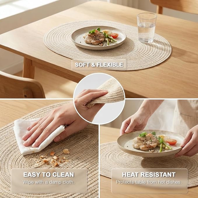 Placemats Set of 8, Woven Oval Braided Dining Table Mats(Beige) | 12 x 17.5 Inch Size Fits Plates and Flatware; Hand Washable and Heat Resistant for Kitchen Use, with Farmhouse and Boho Style