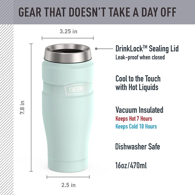 THERMOS Stainless King Stainless Steel Tumbler, 16oz, Matte Light Blue | Vacuum-Insulated Coffee Tumbler for Hot & Cold Drinks, For Commuting & Traveling