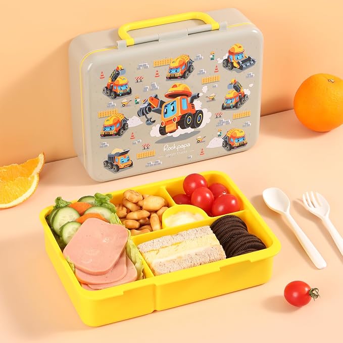 rockpapa Bento Box for Kids - Large 5.5 Cups Lunch Box with Utensils - 5 Compartments, BPA-Free, Leak Proof, Portable Handle for Boys Girls, Microwave/Dishwasher Safe (Grey Constr Trucks)