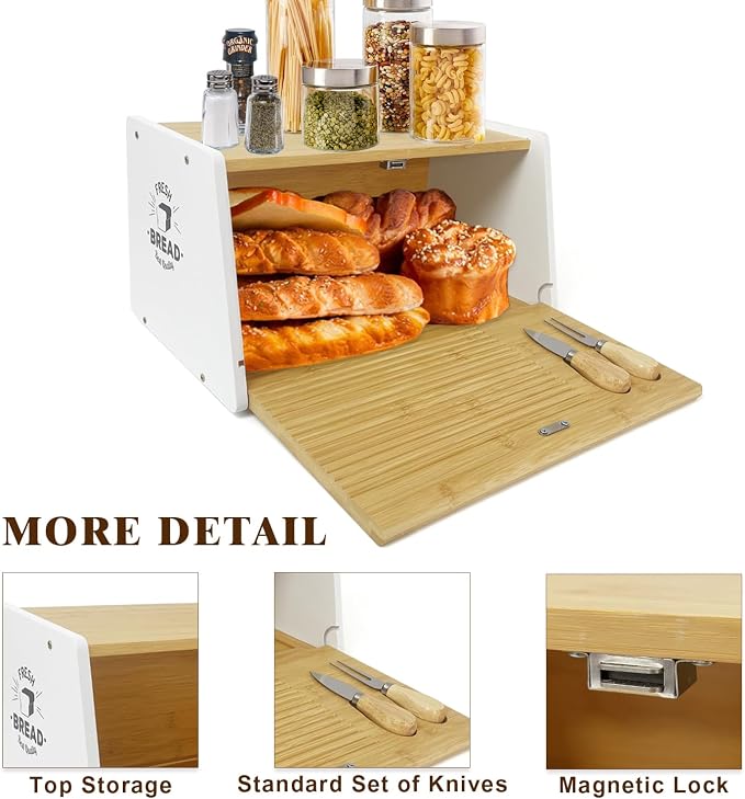 MinBoo Bamboo Bread Box for Kitchen Countertop with Cutting Board & Knife, Bread Storage Container Bin, Bread Container for Homemade Bread Wooden Bread Storage Capacity