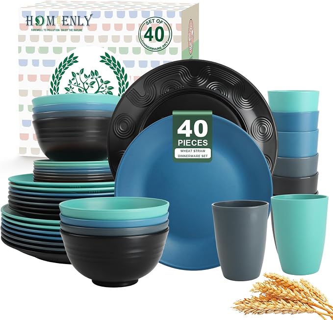 40 PCS Premium Wheat Straw Dinnerware Sets, Reusable Unbreakable Plates and Bowls Set, Cups Sets, Service for 8, Microwave and Dishwasher Safe Dishes Set for Party, Outdoor (Nightscape)