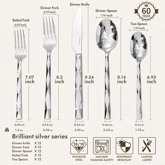 60 Piece 18/10 Silverware Set, Stainless Steel Flatware Cutlery set for 12 | KINGSTONE Luxury Silverware with Diamond Cut Pattern, Mirror Polished Utensils for Kitchen, Wedding, Party, Dishwasher Safe