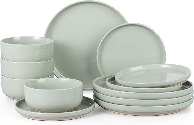 HaWare Dinnerware Sets, 12Pcs Plates and Bowls Set for 4, Asparagus Green