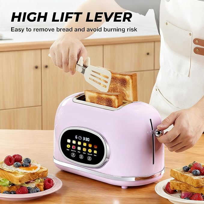 Roter Mond Smart 2 Slice Toaster, Touchscreen, Bagel Defrost, Light Purple | Retro stainless steel, digital timer & sleep mode, 6 bread types & shades, defrost/reheat/cancel,even toasting wide slots