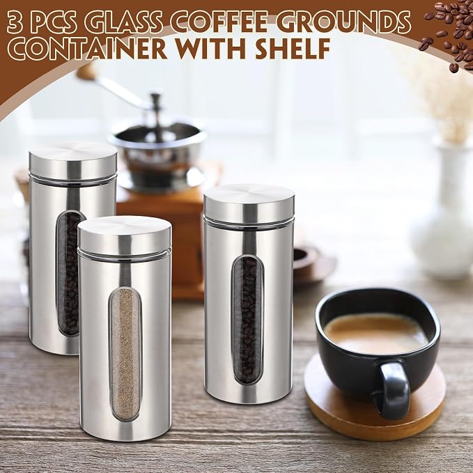 Stainless Steel Coffee Grounds Canisters Container with Shelf | 3 x 50oz, Sugar Coffee Bean Storage Container Set, Airtight Threaded Lid, Glass Window, Scoop, Kitchen Jar for Coffee Bar