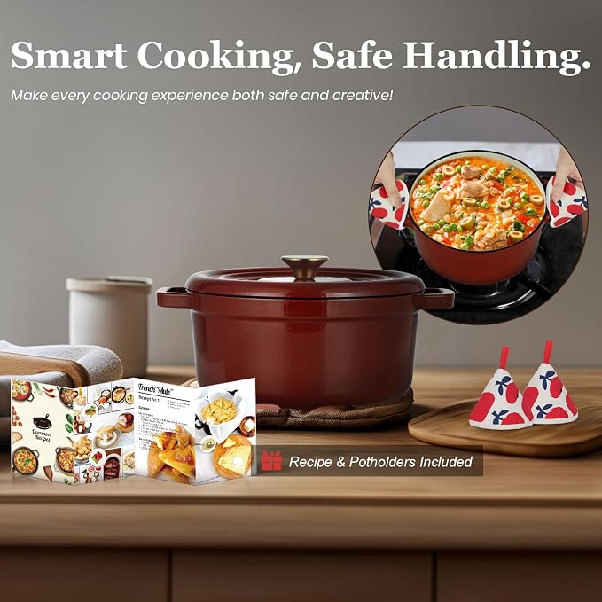 Overmont Enameled Cast Iron Dutch Oven - 5QT Pot with Lid Recipe Potholders | Pre-Seasoned Dutch Oven with Moisture-Sealing Lid, Oven Safe to 500°F, Heavy-Duty Cookware for Braising Stews Roasting Baking