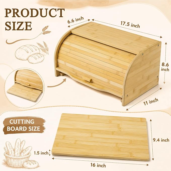 Sawysine Large Bamboo Bread Box with Cutting Board, 17.5" x 11" x 8.6" | Roll Top Bread Storage Box for Kitchen Countertop, Farmhouse Bread Keeper Organizer for Loaves, Bagels, Pastries and Baked