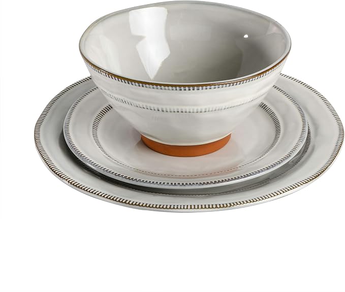 Gibson Elite Terranea Round Reactive Glaze Terra Cotta Dinnerware Set, Service for Four (12pcs), White