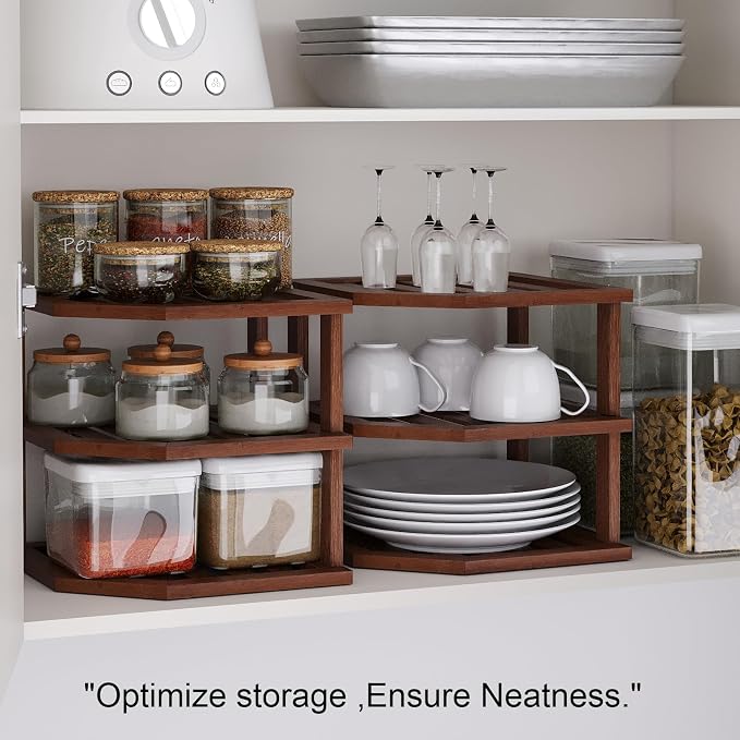 VERTORGAN 3 Tier Bamboo Dish Drying Rack,Corner Shelf 2 Pack(Brown) | Pantry Storage,Dish Rack,Spice Rack,Corner Organizer,Kitchen Counter Shelves,Kitchen Storage,Holds Plates
