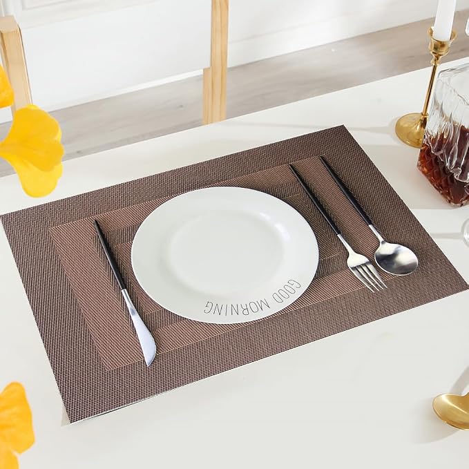 PIGCHCY Placemats Set of 6,Washable Woven Vinyl Kitchen Table Mats Non Slip Durable Placemats Heat Resistant Placemats for Dining Table(Coffee Brown)