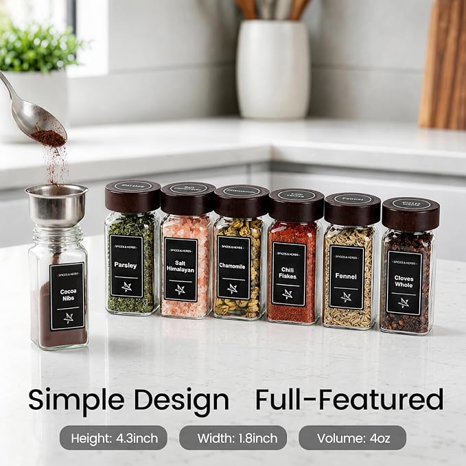 Glass Spice Jars with Grinder Lid 24 Pack 4 oz Acacia Wood | 780 Labels (Round+Square), Shaker Inserts, Funnel, Airtight Seal, Bonus Grinder Lid for Fresh Grinding
