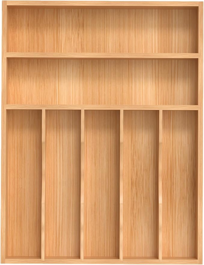 Silverware Organizer, Bamboo Kitchen Drawer Organizer, Utensil Holder, Cutlery Tray & Spoon Flatware Storage with Grooved Drawer Dividers (13''W x 17''D)