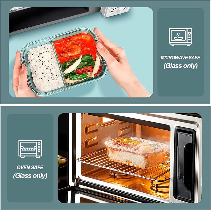 30 oz 5 Pack Glass Meal Prep Containers 2 Compartments, Glass Food Storage Containers with Lids, Airtight Lunch Box, Microwave, Oven and Freezer Safe, Green