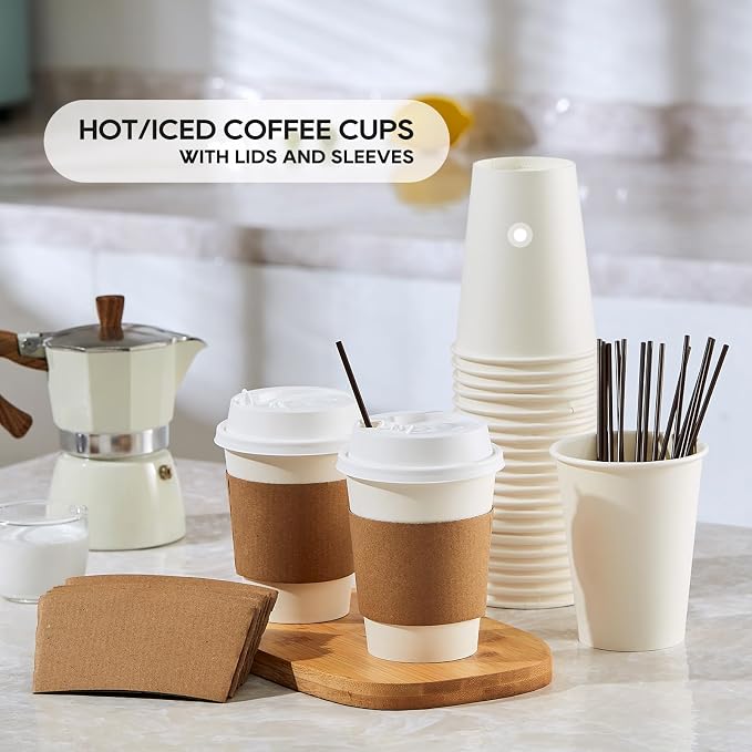 JOLLY PARTY [50 Pack] 12 oz Paper Coffee Cups, Disposable Paper Coffee Cup with Lids, Sleeves, and Stirrers, Hot/Cold Beverage Drinking Cup for Water, Juice or Tea, Suitable for Home, Shops and Cafes