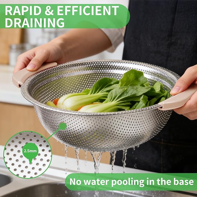 Colander Set with Plastic Handles, Stainless Steel Micro-Perforated Colanders Strainers for Draining Rinsing Washing, Ideal for Pasta Vegetables Fruits, Heavy Duty & Dishwasher Safe