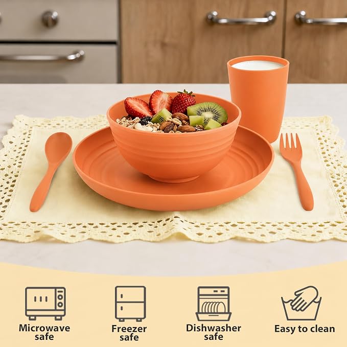 Kids Wheat Straw Dinnerware Sets for 4, 20 Piece Unbreakable Dinnerware Set, Plates and Bowls Sets, Kitchen Plates and Bowls Set, Lightweight Dish Set for Picnic, Camping, and Daily - Orange