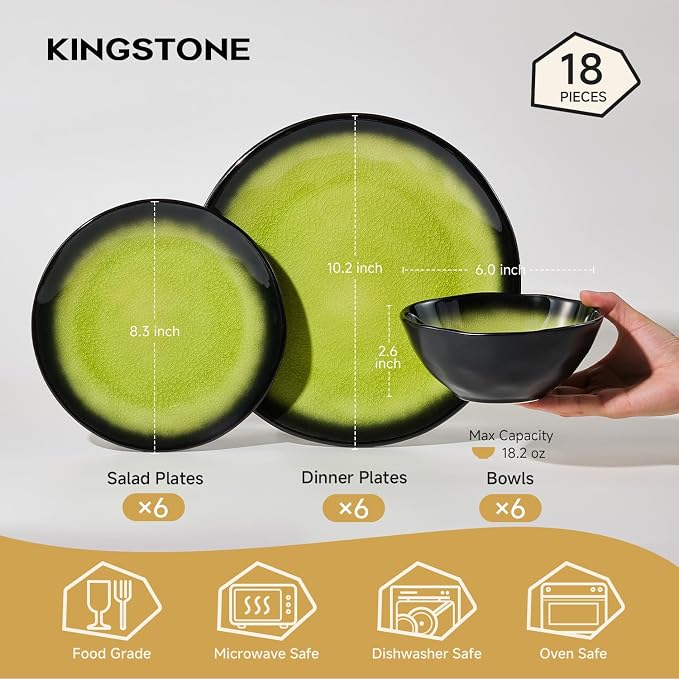 18-Piece Dinnerware Set for 6, Ice Crackle Glaze Plates & Bowls | Gradient Green to Black Ombre Dinner Dish Set, Microwave, Dishwasher & Oven Safe, Unique Holidays & Weddings Gift