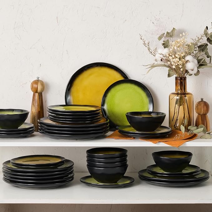 18-Piece Dinnerware Set for 6, Ice Crackle Glaze Plates & Bowls | Gradient Green to Black Ombre Dinner Dish Set, Microwave, Dishwasher & Oven Safe, Unique Holidays & Weddings Gift
