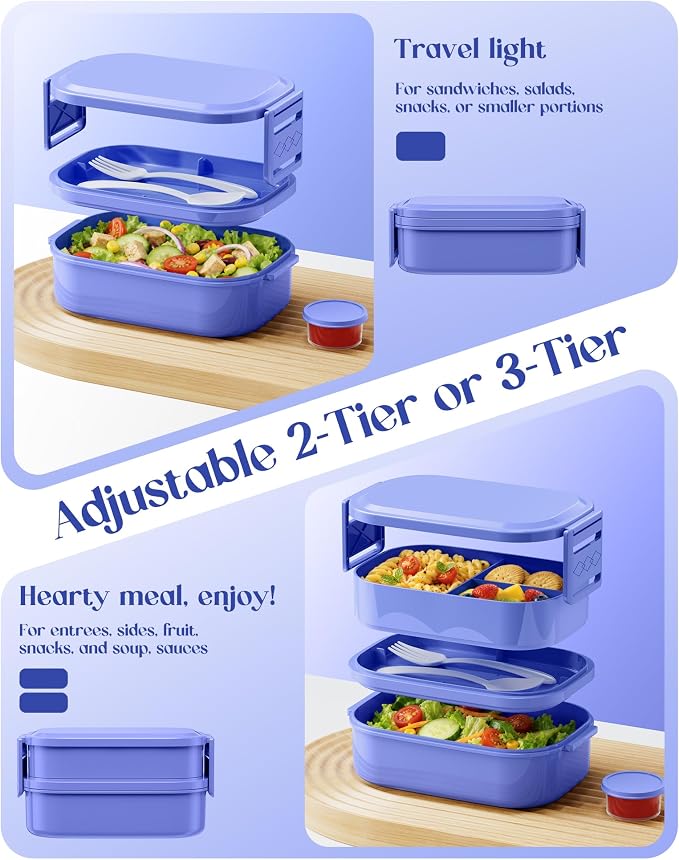 Bento Lunch Box, 65 oz 3-Tier Stackable Lunch Container, Adjustable 2/3 Tier Design, BPA-Free Food-Grade Plastic, Leakproof, Microwave & Dishwasher Safe, Macaron