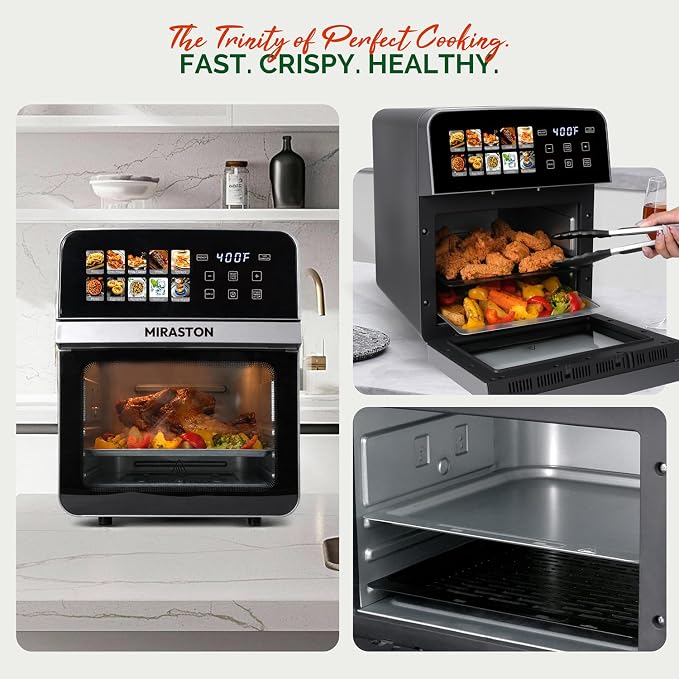 10QT Air Fryer Toaster Oven, Family Size Double-Cooking Combo | EASY CLEAN: Stainless Steel Interior oven; dual-layer rack allows simultaneous cooking for healthy family meals.