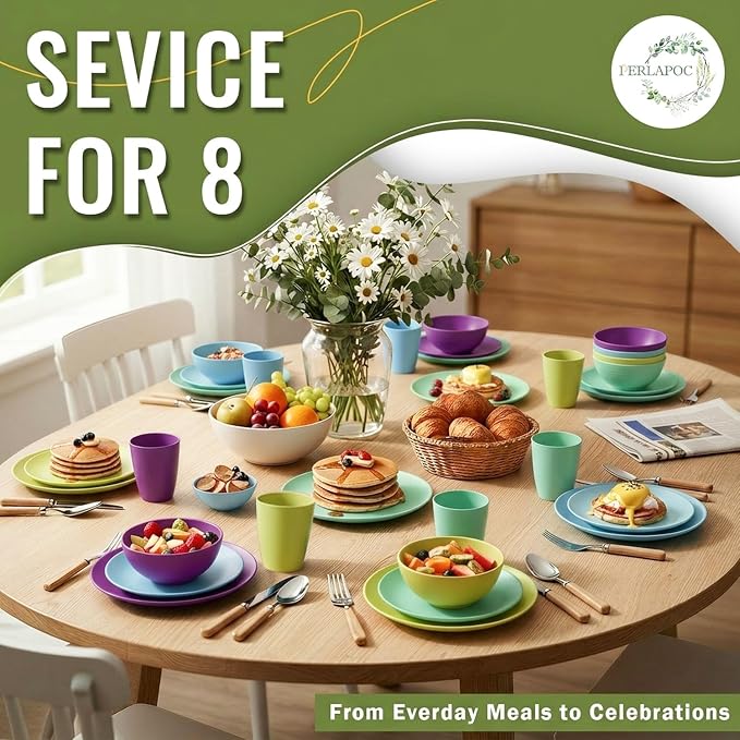Kitchen Wheat Straw Dinnerware Set | Service for 8 | Unbreakable Dinnerware Set Plates and Bowls Sets Dinner Plates Dessert Plate Drinking Glasses Cereal Bowls Kitchen Dishes Sets - Memphis
