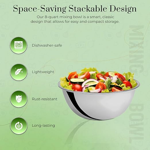 OCS Parts 2-Pack 8 Quart Mixing Bowls |13.25-Inch Stainless Steel Bowls | Professional Grade Flat Base Mixing Bowls for Home and Commercial Kitchens