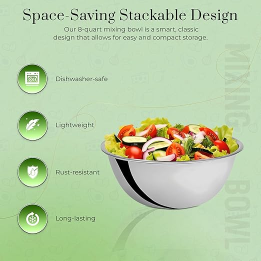 OCS Parts 4-Pack 8 Quart Mixing Bowls | 13.25-Inch Stainless Steel Bowls | Professional Grade Flat Base Mixing Bowls for Home and Commercial Kitchens