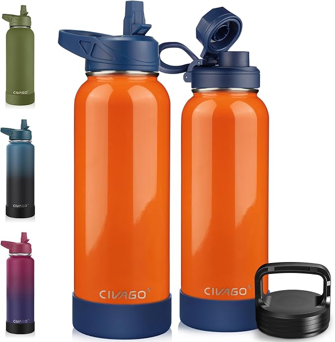 CIVAGO 40 oz Insulated Stainless Steel Water Bottle With Straw and 3 Lids | Large Metal Sports Water Jug, Leakproof Reusable Wide Mouth Thermal Flask Cup with Silicone Boot, BPA-Free, Deep Orange