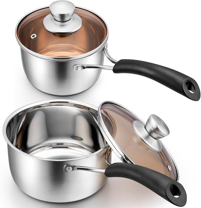 P&P CHEF 1 & 2 Quart Sauce Pan With Lid, Small Pot Saucepan for Milk, 2 Pcs | Stainless Steel Saucepan, Small Sauce Pot for Cooking, Visible Glass Lid & Bakelite Heat-Proof Handles,Dishwasher Safe