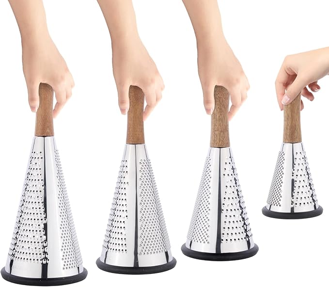 Cone Cheese Grater with Handle - Stainless Steel Triple Function Wood Handle Parmesan Shaver Non-Slip Rubber Bottom Hand Held Multifunction Vegetables Cheese Grater with container(S: 7.7" X 3.5")