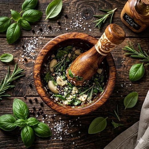 Handmade Wooden Mortar & Pestle Set, Herb Spice Garlic Masala Grinder Bowl | Rustic manual kharal crusher for ginger, peppercorns, seasonings, pesto, guacamole, pill crusher, easy to clean, kitchen prep
