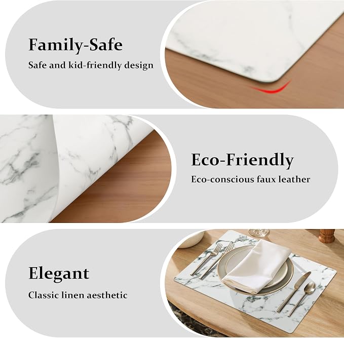 FROMHEART Faux Leather PU Placemats Set of 6 (Marble,11.8" x 17") | Waterproof,Heat/Oil Stain-Resistant Table Mat–Reversible,Non-Slip,Easy to Clean Place Mats for Kitchen,Dining,Indoor/Outdoor