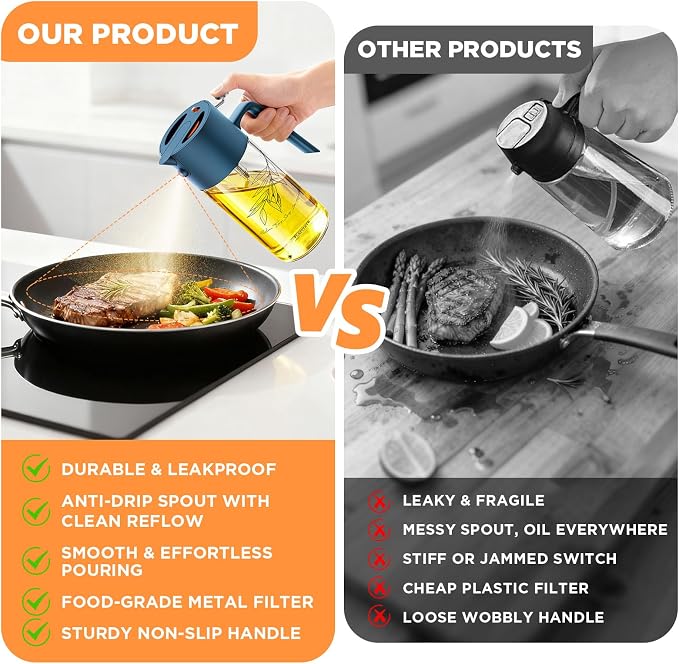 PLAPITATE 2Pcs 17oz Premium Olive Oil Sprayer for Cooking, 2 in 1 Glass Olive Oil Dispenser Bottle for Kitchen Gadgets, Spray Bottle with Portion Control for Salad, Frying, BBQ (Black & Blue)