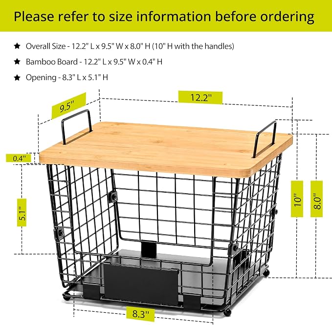 2 Set Large Stackable Wire Basket with Bamboo Tops & Tag- Pantry Organizer and Storage Bins, Kitchen Counter Cabinet Shelf Countertop Under Sink Organizing for Food Snack Produce Onion Potato Bread