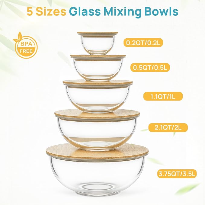 Vtopmart 5 Pack Glass Mixing Bowls with Bamboo Lids, Nesting Set | Kitchen Bowls for Mixing, Meal Prep, Serving & Baking, Space-Saving Nesting Design with Microwave and Dishwasher Safe Glass