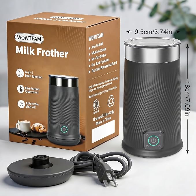 Wowteam Milk Frother, 4-in-1 Electric Milk Steamer, Warm and Cold Milk Warmer and Foam Maker for Coffee, Latte, Cappuccinos, Macchiato, 8.2oz/240ml, Stainless Steel (Black)