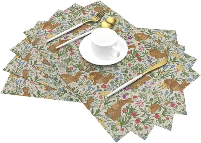 Easter Placemats Set of 4, Spring Rabbit Bunny Floral Flower Decorative Table Mat 12 x 18 Inch Heat Resistant Non Slip Line Fabric Place mat for Holiday Party Kitchen Dining Decor