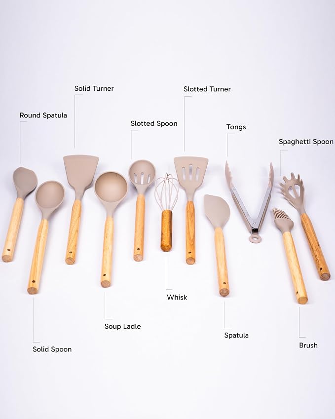 Dusico® Silicone Cooking Utensils Set of 12 Pcs with Wood Handles. Heat Resistant Kitchen Utensils for Nonstick Cookware, BPA Free Silicone Spatula Set & Cooking Spoons, Kitchen Gadgets (Beige)